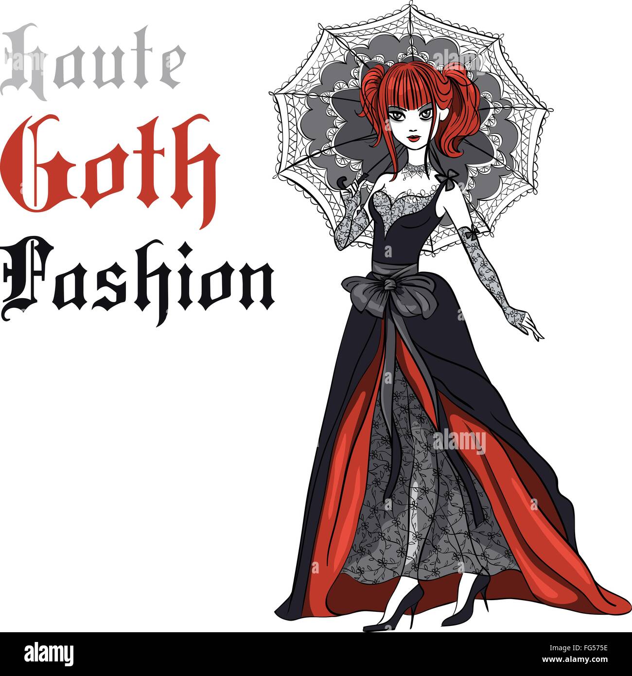 Vector Goth girl in black dress with umbrella Stock Vector
