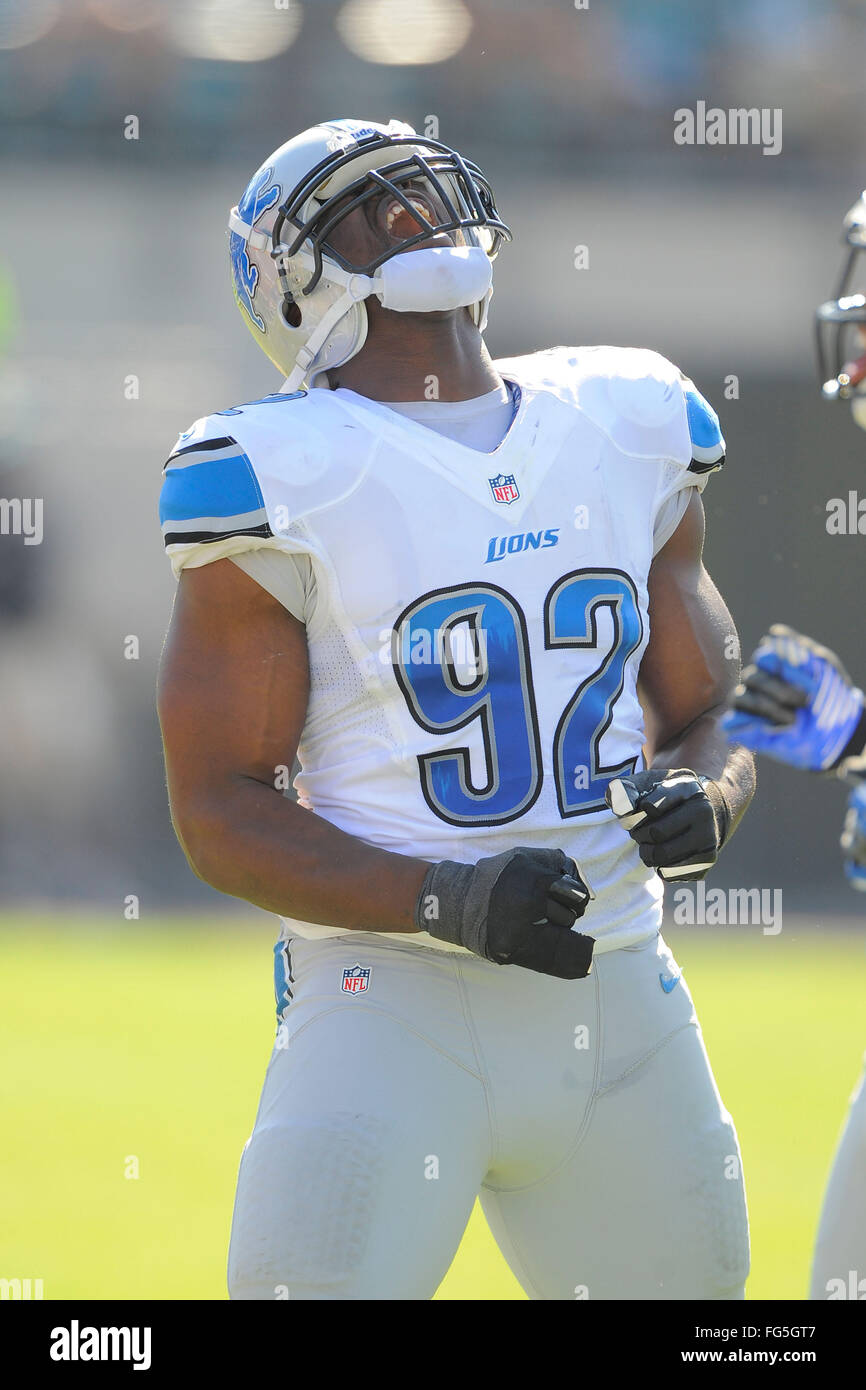 Jacksonville, FL, USA. 4th Nov, 2012. Detroit Lions defensive end Cliff  Avril (92) celebrates a play during the Lions 31-14 win over the  Jacksonville Jaguars at EverBank Field on November 4, 2012