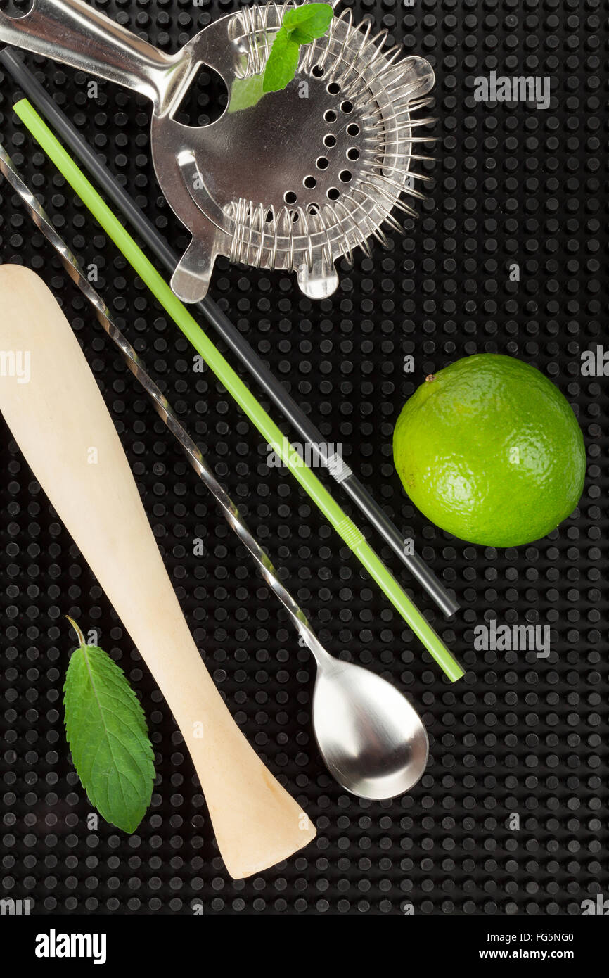 Bar drink accessories over black rubber mat. Top view Stock Photo Alamy