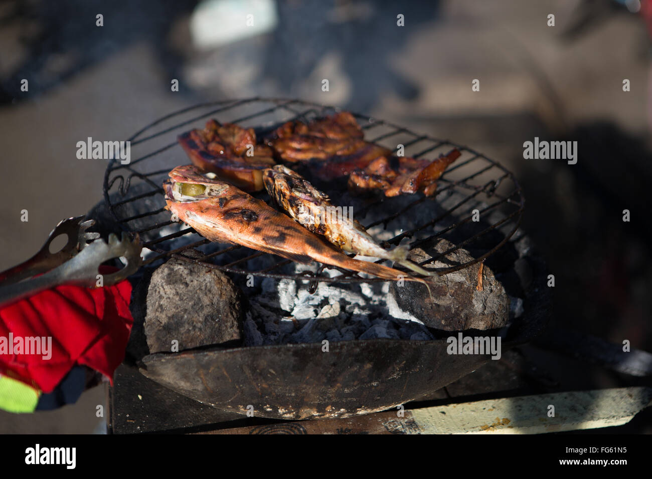 Fish & meat being cooked on a charcoal barbecue within the Carbon