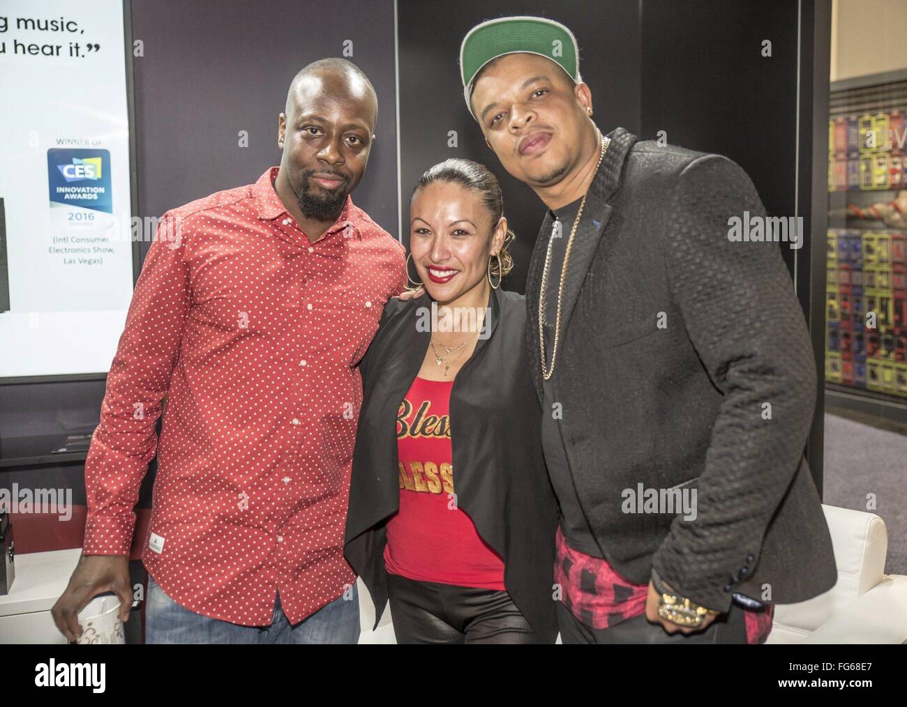 Wyclef Jean and Curtis Young hold a power meeting at the Creative Labs, Inc. booth at CES 2016  Featuring: Wyclef Jean, Curtis Young Where: Las Vegas, Nevada, United States When: 09 Jan 2016 Stock Photo