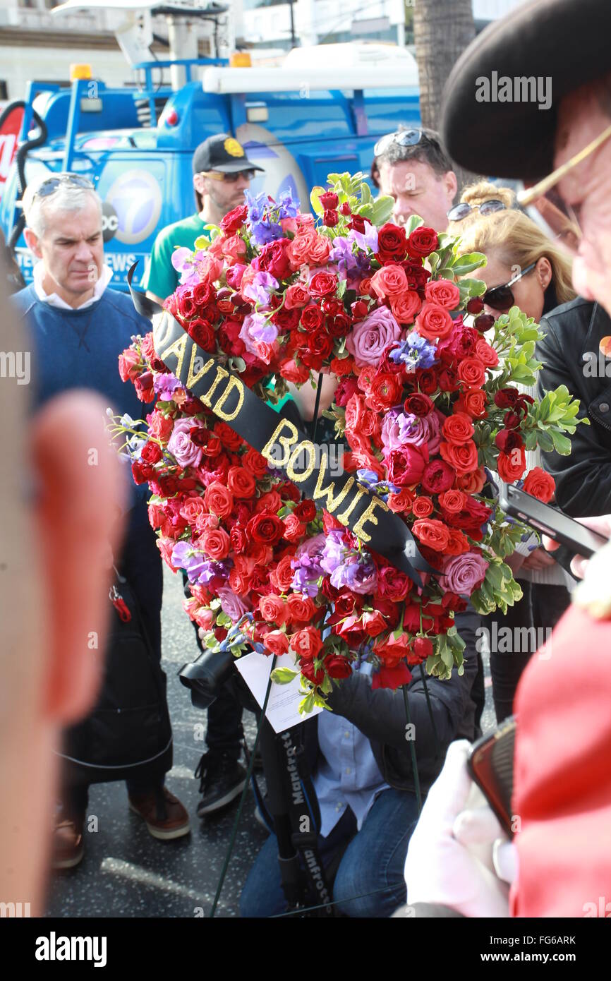 A memorial on David Bowie's star on The Hollywood Walk of Fame in