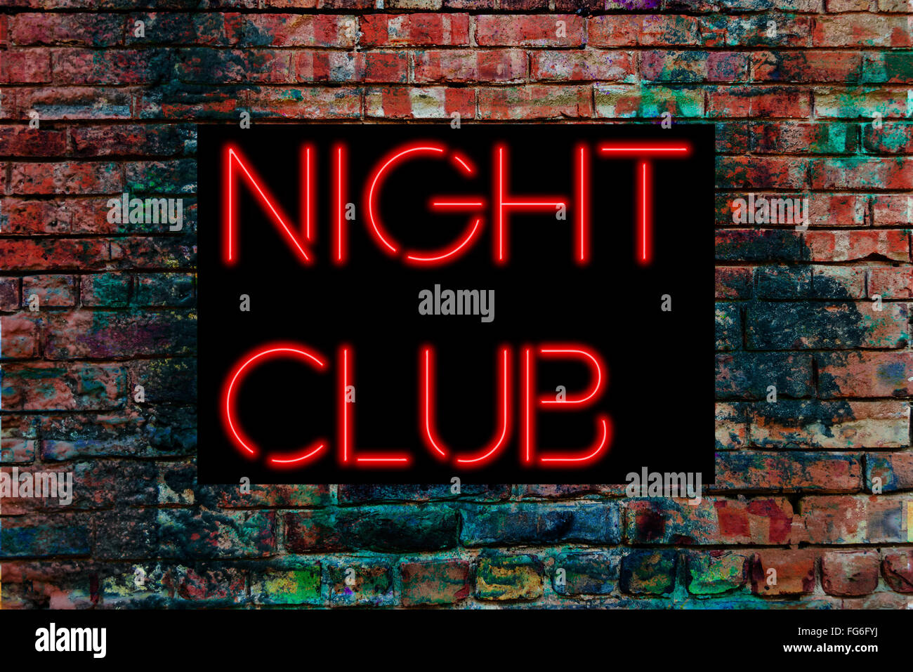 Night Club neon sign on a brick wall Stock Photo