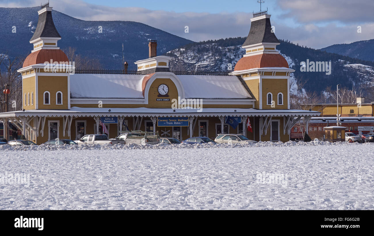 North Conway Railroad Station, with the park in the foreground, snow