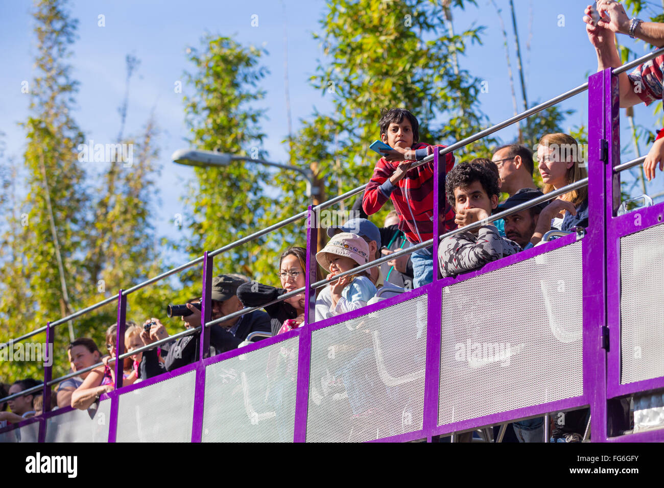 Crowd of people on a double decker bus at the San Diego Zoo in California. Stock Photo