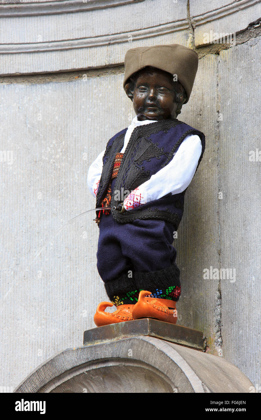 Manneken Pis dressed in the national costume of Serbia in Brussels, Belgium Stock Photo