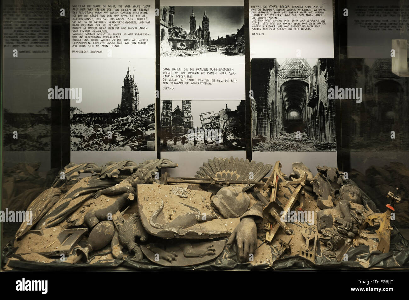 Showcase with rubble, destruction of the Church of St. Lorenz in the Second World War, information boards, Church of St. Lorenz Stock Photo