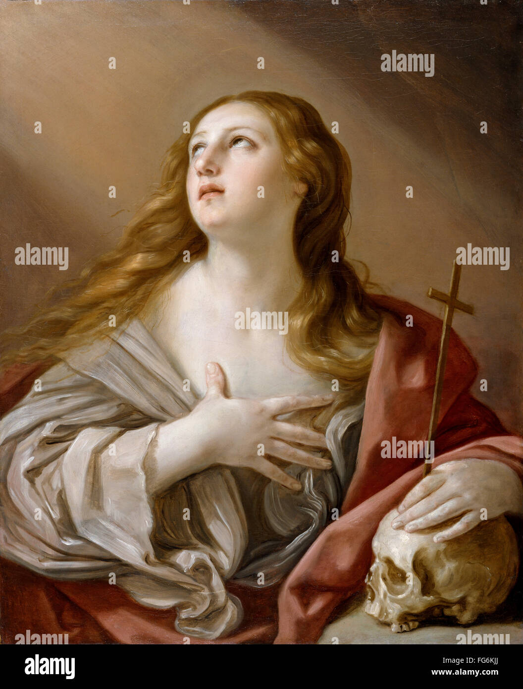 Mary Magdalene or Mary of Magdala, The Magdalene, is a figure in Christianity. Mary Magdalene travelled with Jesus as one of his followers. She is said to have witnessed Jesus' crucifixion and resurrection. Stock Photo