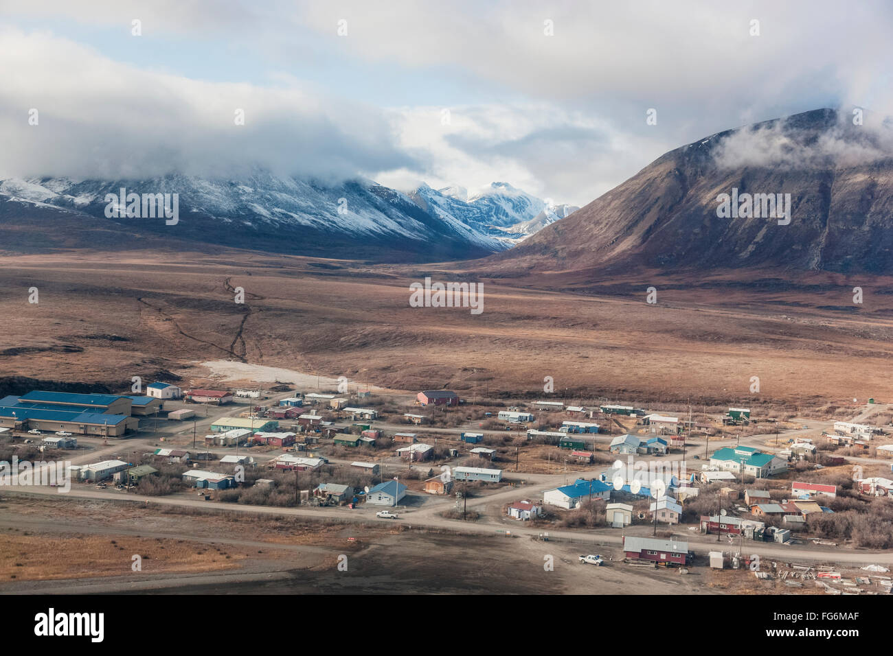 Aerial view of the village of Anatuvuk Pass, Brooks Range, Arctic