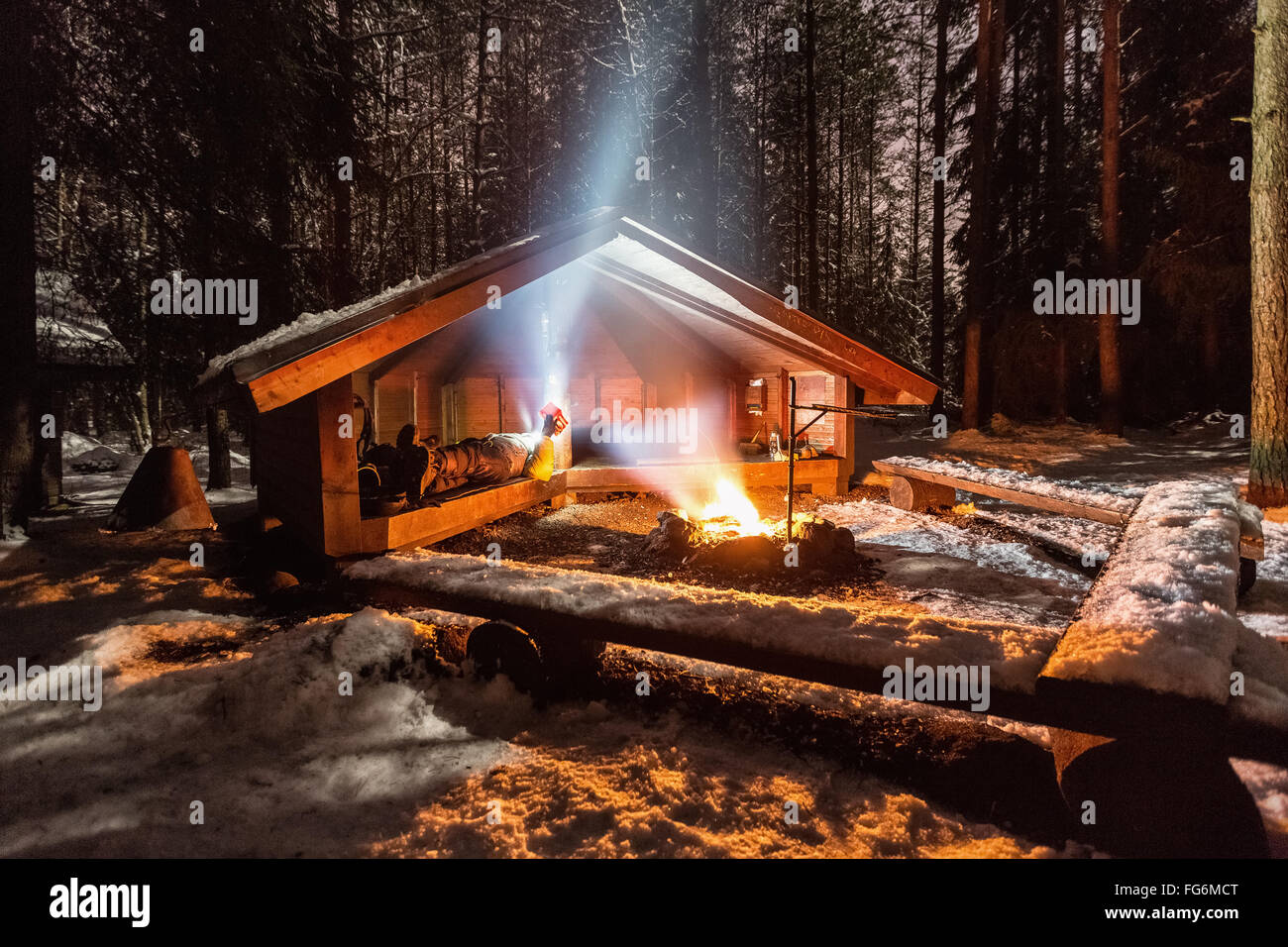 Evening at a lean-to in Nuuksio national forest, Espoo, Finland, Europe, EU Stock Photo