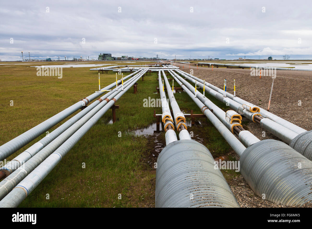 Oil pipelines with Gathering Center 1 (GC1) in the Prudhoe Bay Oil Field, North Slope,  Arctic Alaska, Summer Stock Photo