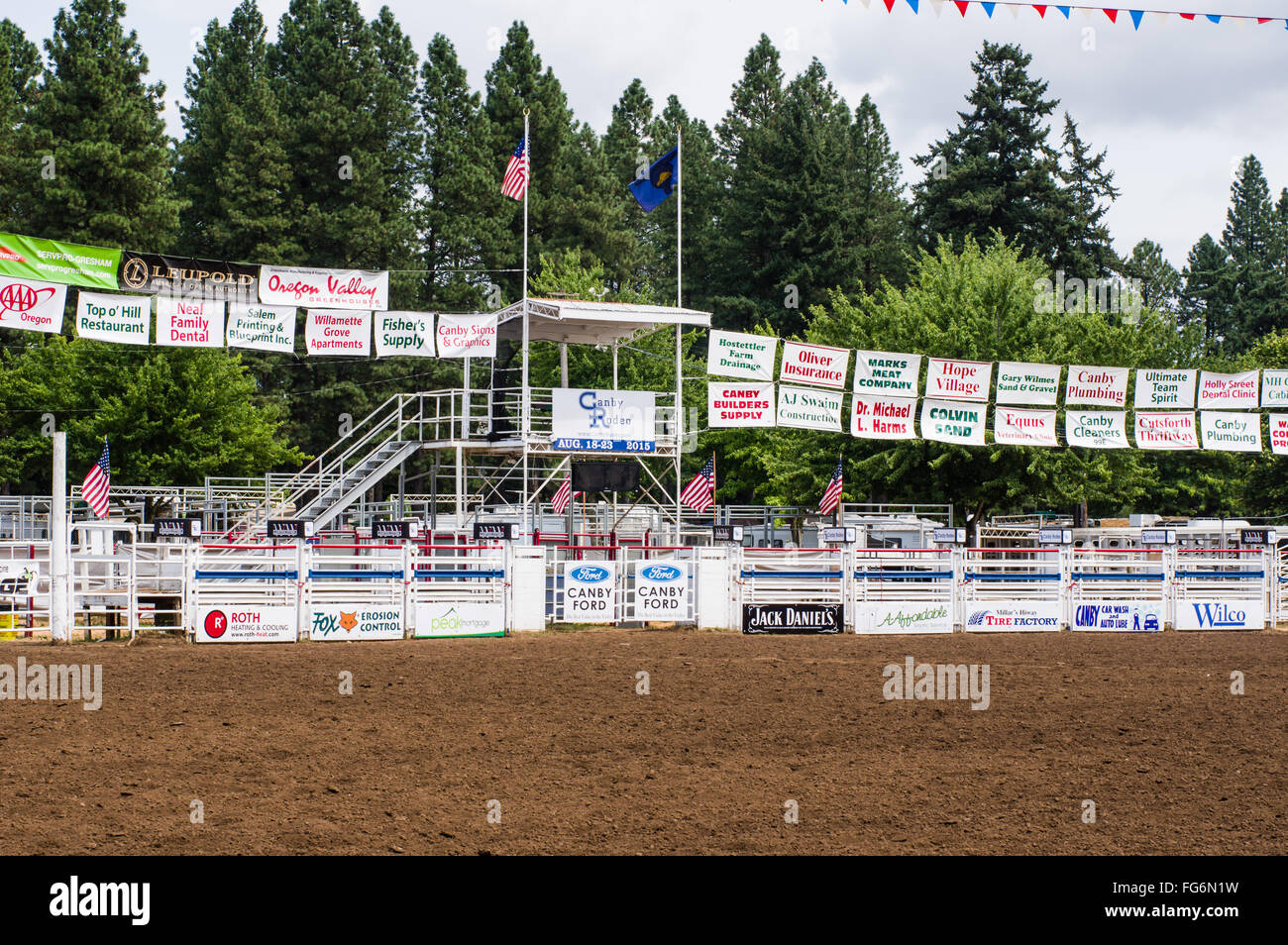 SIgns and advertising at the rodeo arena of the Clackamas County Fair