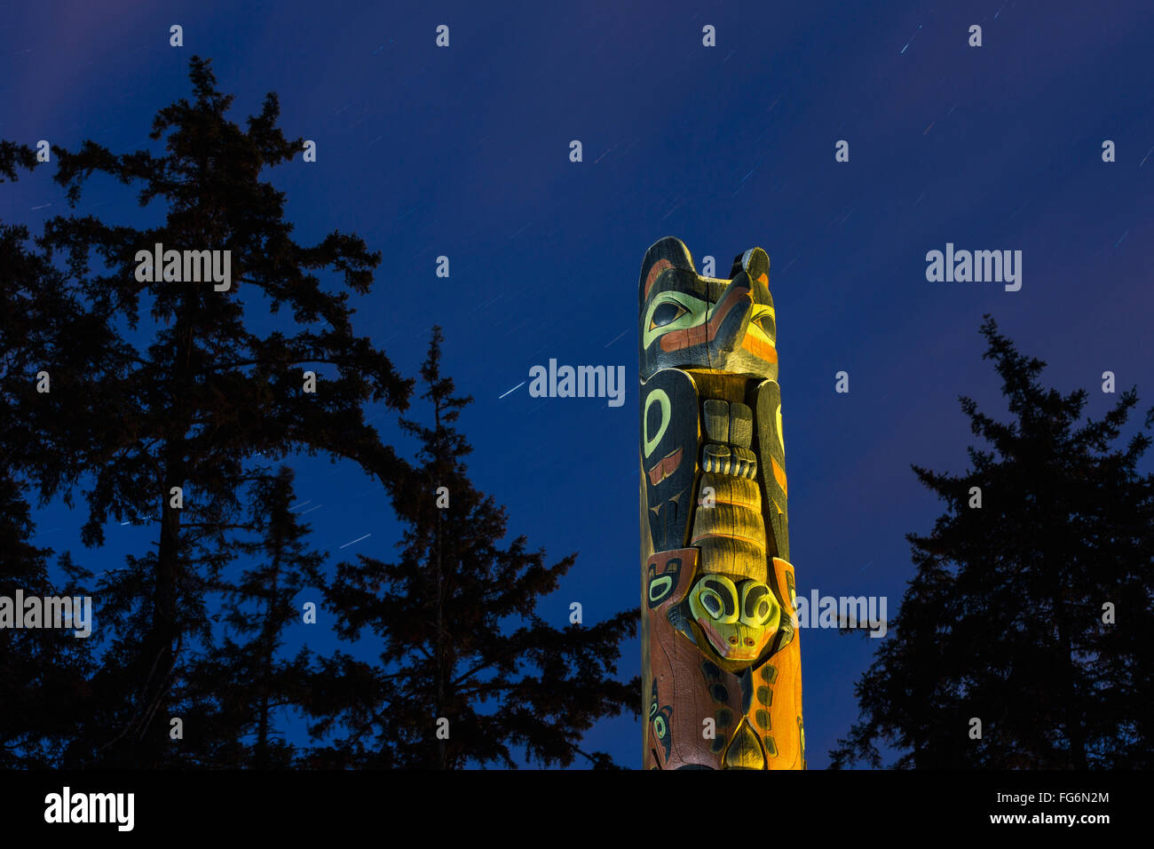 A large Totem Pole lit up at night in Sitka National Historic Park with ...