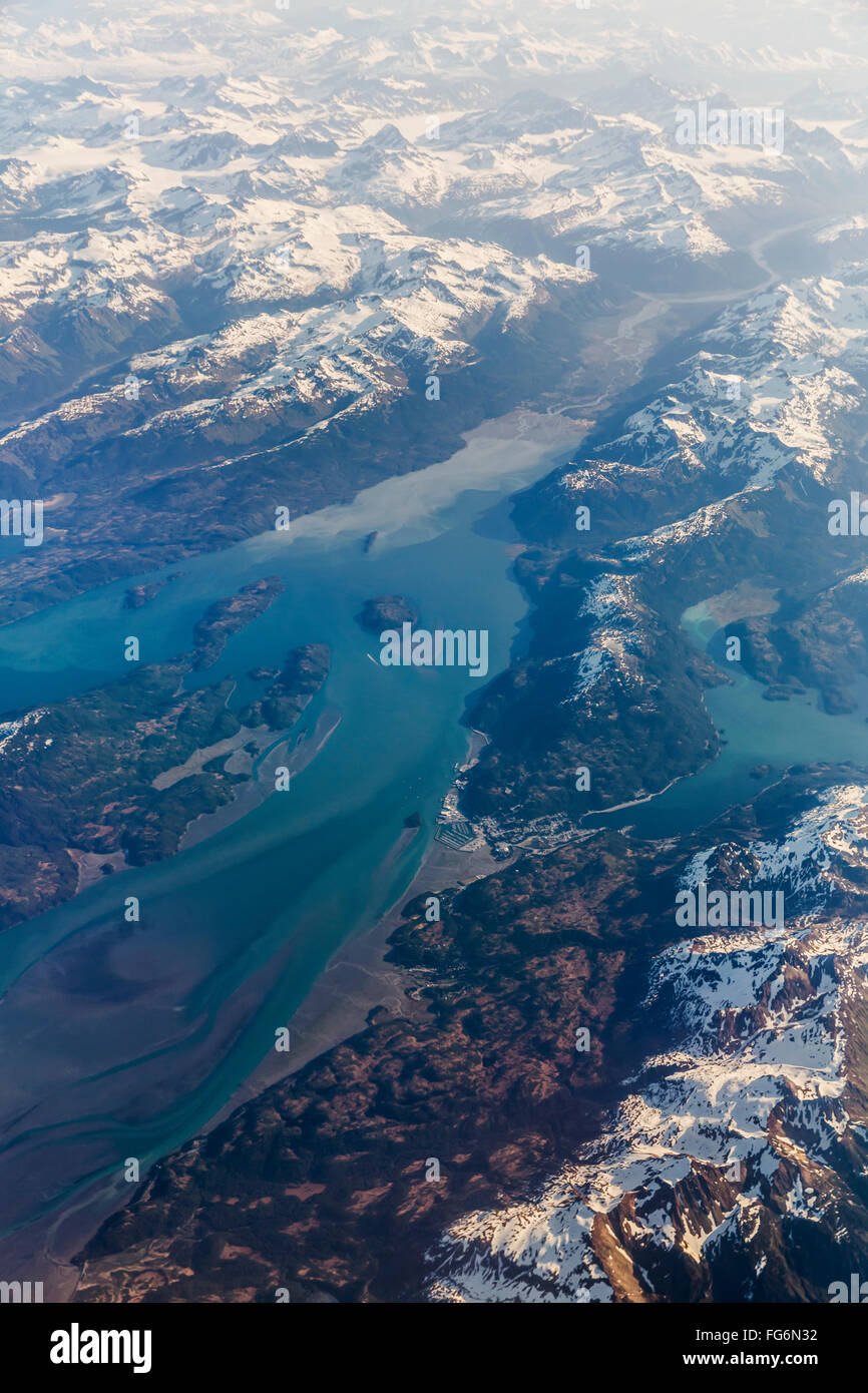 Aerial view of Cordova and Orca Inlet with the Chugach Mountains in the