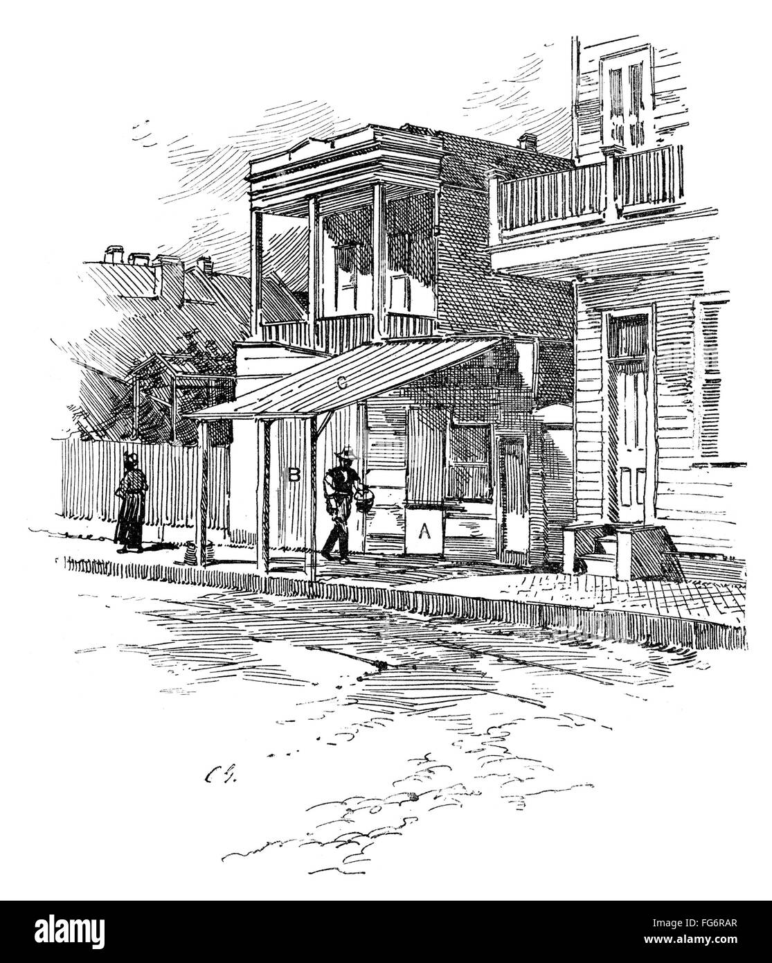 NEW ORLEANS: MAFIA, 1890. /nPlace on Girod Street in New Orleans where members of the mafia hid before shooting Chief of Police David Hennessy 15 October 1890. Contemporary American engraving. Stock Photo