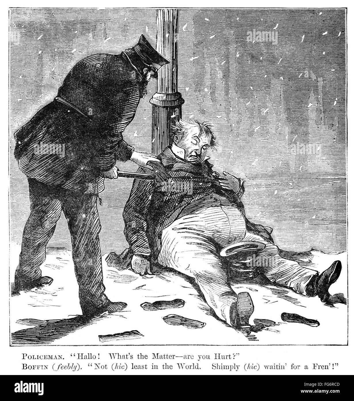 CARTOON: DRUNKENNESS, 1869. /n'Policeman. 'Hallo! What's the Matter - are you hurt?' Boffin (feebly). 'Not (hic) least in the World. Shimply (hic) waitin' for a Fren'!'' American cartoon, 1869. Stock Photo
