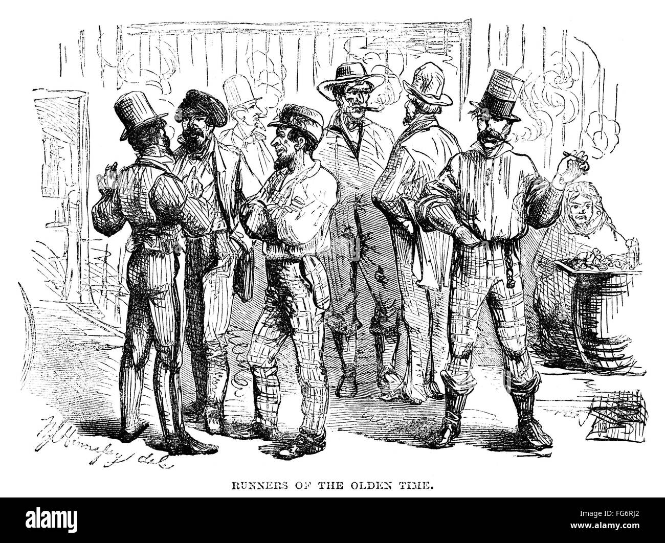 IMMIGRANT RUNNERS, 1858. /n'Runners of the Olden Time.' Immigrant runners, men who would exploit newly arrived immigrants in New York City. Wood engraving, American, 1858. Stock Photo