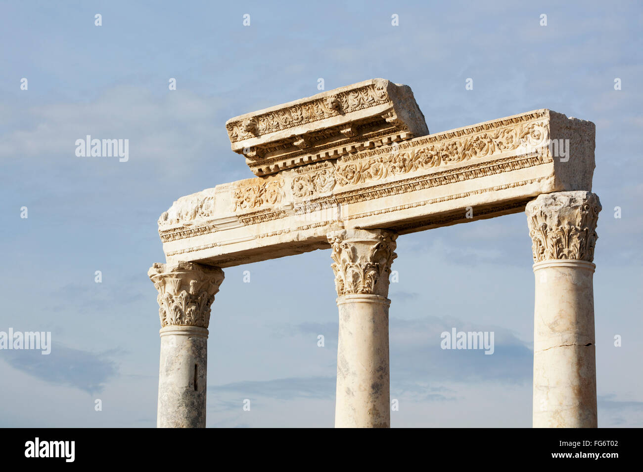 Decorative stone carved columns and lintel at a biblical site; Laodicea