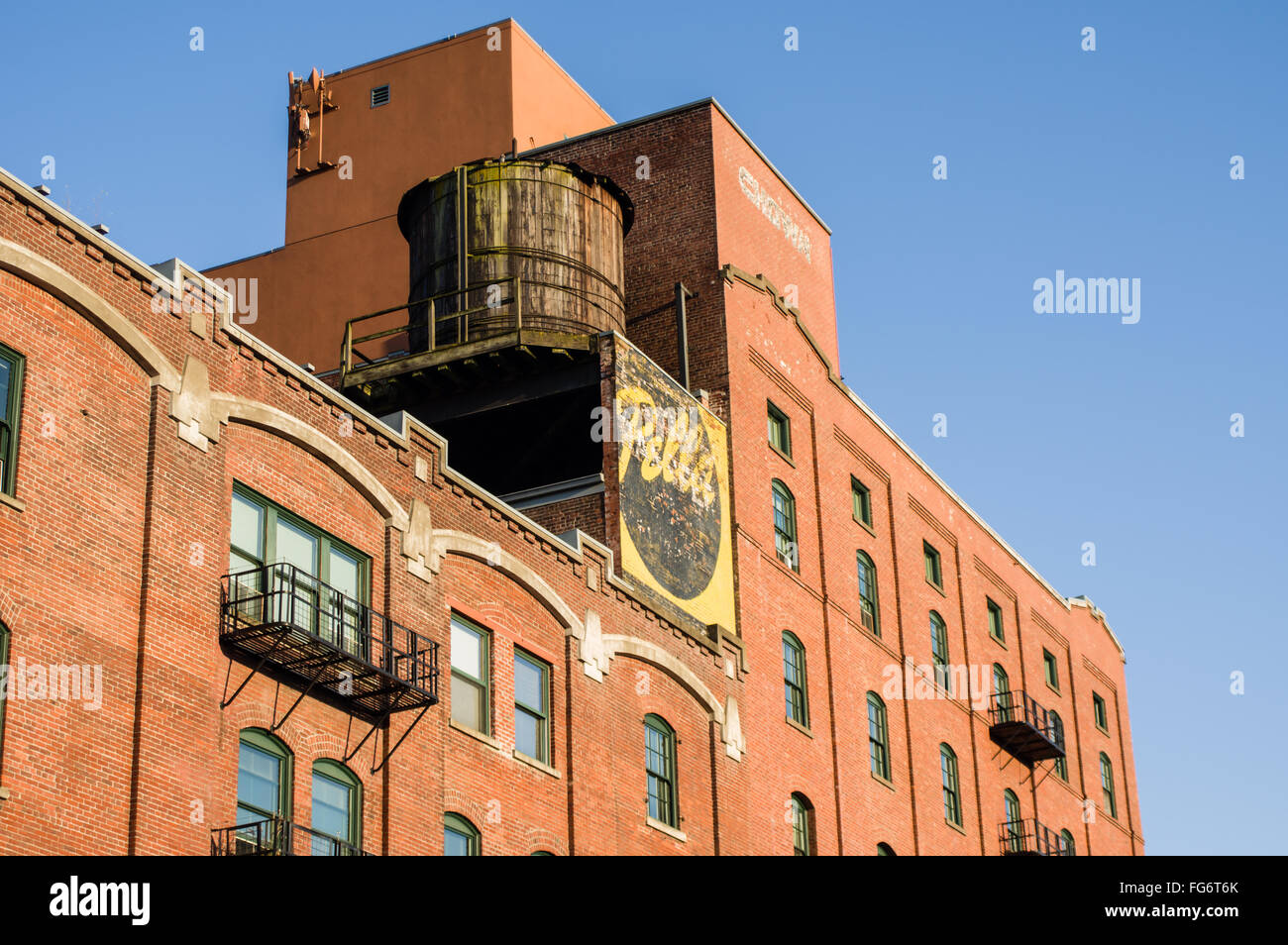 Wooden water tank on the Pella building, Portland, Oregon Stock Photo