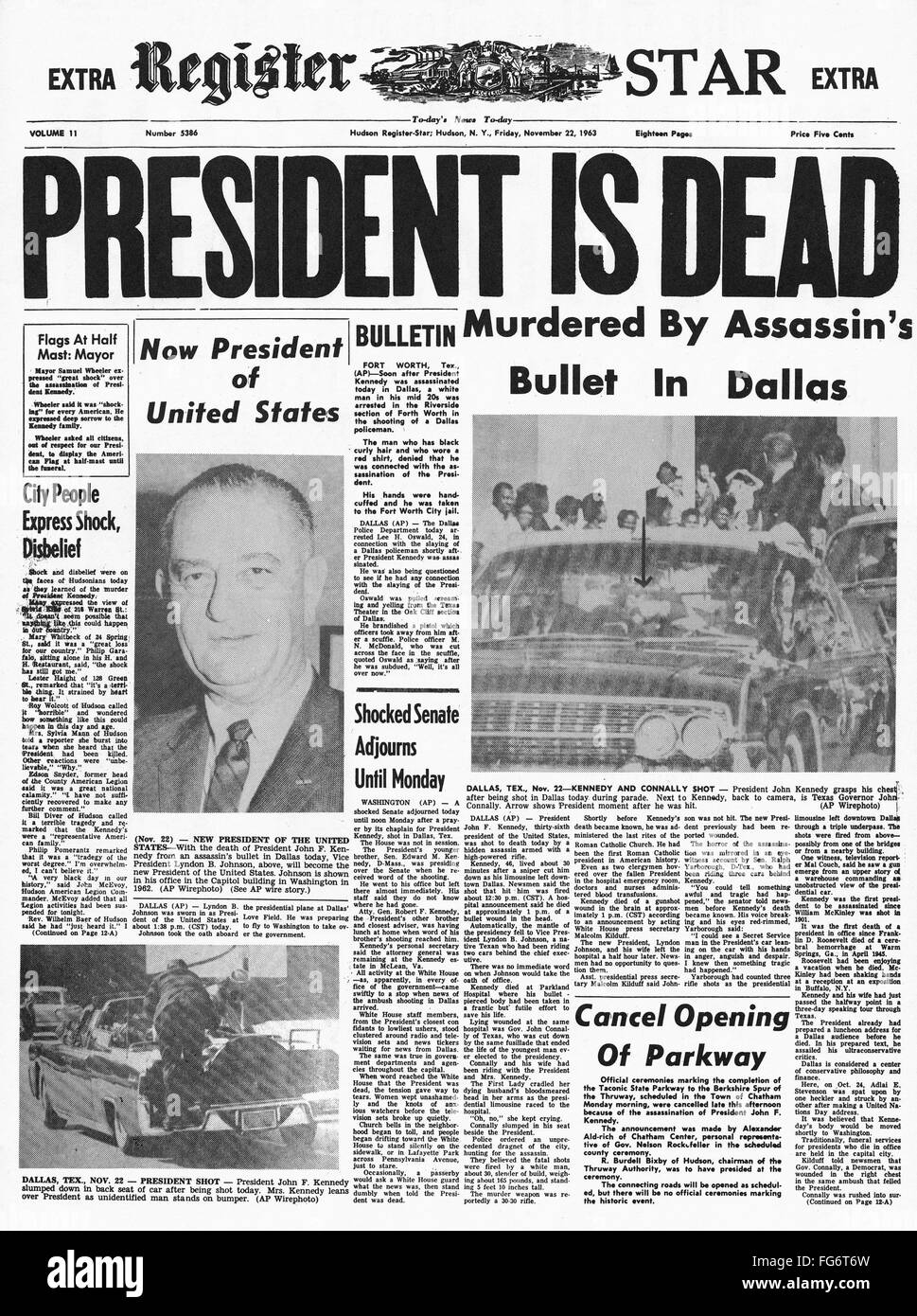 KENNEDY ASSASSINATION, 1963. The banner headline of the 'Hudson
