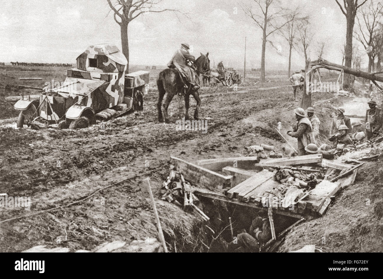 WORLD WAR I: ARMORED CAR. /nA British armored car stuck deep in the mud ...