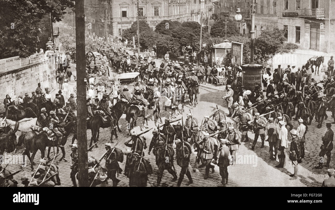 WORLD WAR I: LEMBERG. /nBavarian and Austrian troops passing through ...