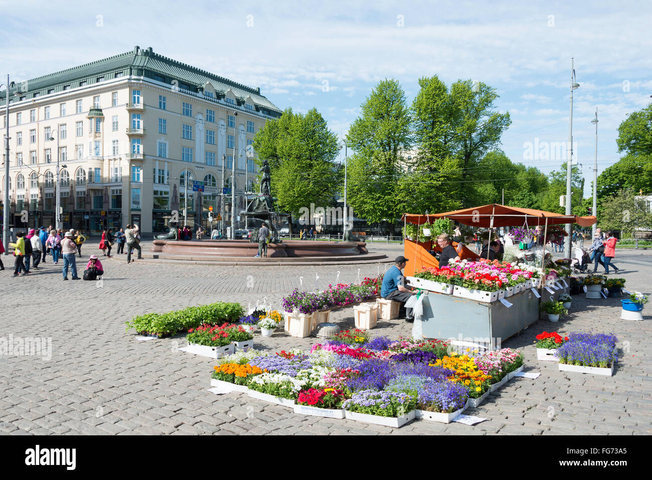 Flower stall, Kauppatori Market Square, Helsinki, Republic of Finland Stock Photo