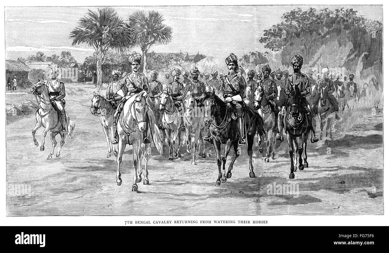 BURMA: BRITISH RULE, 1887. /nThe 7th Bengal Cavalry of the British Empire returning from watering their horses in Mandalay, Burma, 1887. Contemporary English engraving. Stock Photo