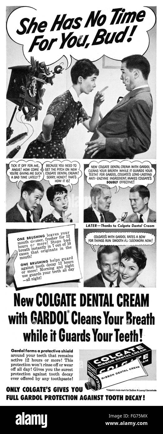 AD COLGATE, 1954. /nAmerican advertisement for Colgate Ribbon Dental Cream, 1954 Stock Photo