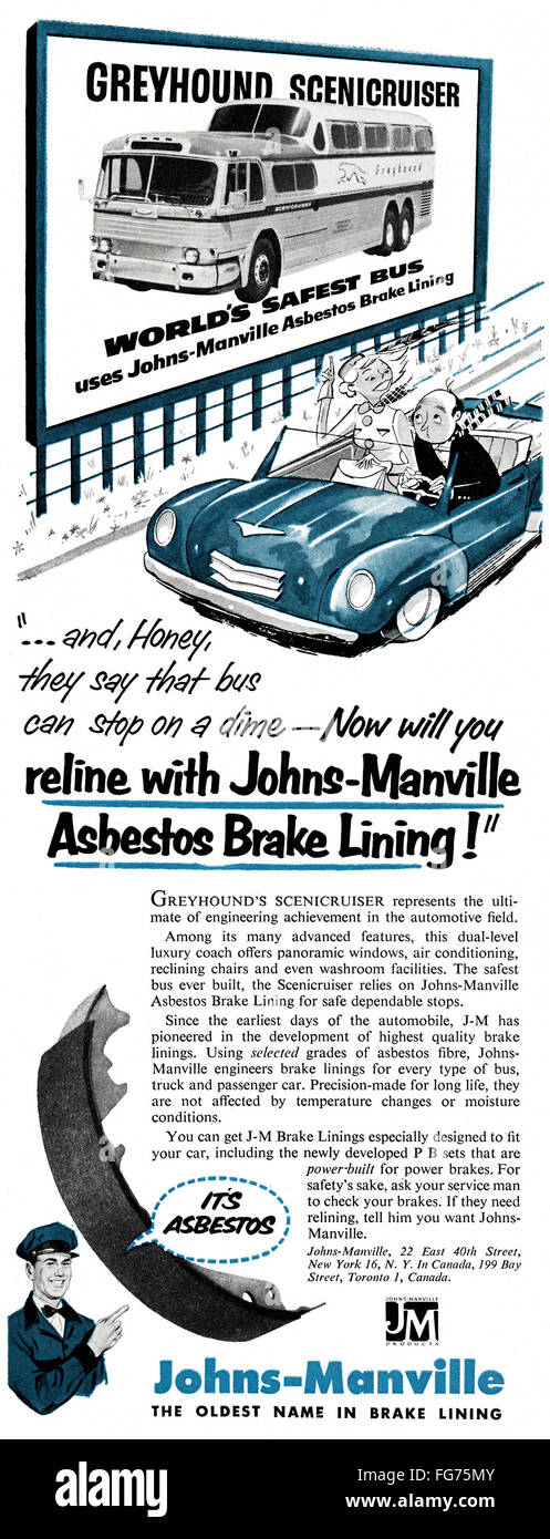 AD: BREAK LINING, 1954. /nAmerican advertisement for Johns-Manville Asbestos Break Lining, 1954. Stock Photo