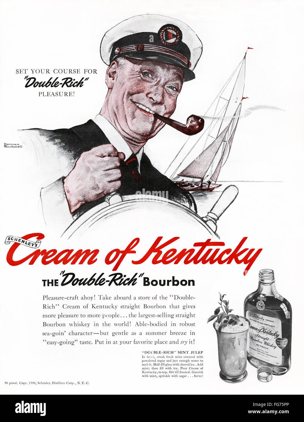 AD: BOURBON, 1940. /nAmerican advertisement for Cream of Kentucky Bourbon. Illustration, 1940. Stock Photo