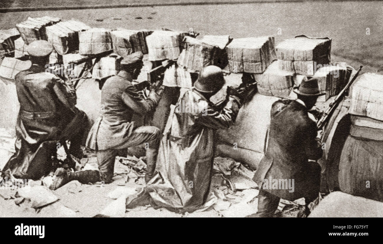 WORLD WAR I: BARRICADE. /nMembers of the Spartacus League barricading themselves with newspapers obtained from the Vorwarts Building, Berlin, Germany. Photograph, c1919. Stock Photo