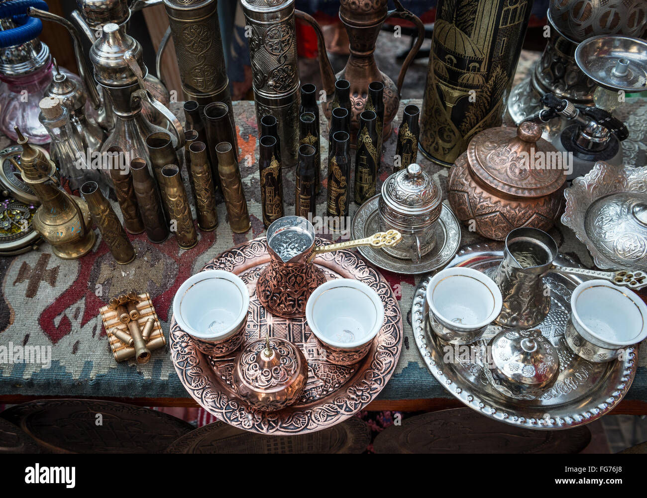 coffee and tea services on souvenirs stand on Bascarsija historical district bazaar in Sarajevo, Bosnia and Herzegovina Stock Photo