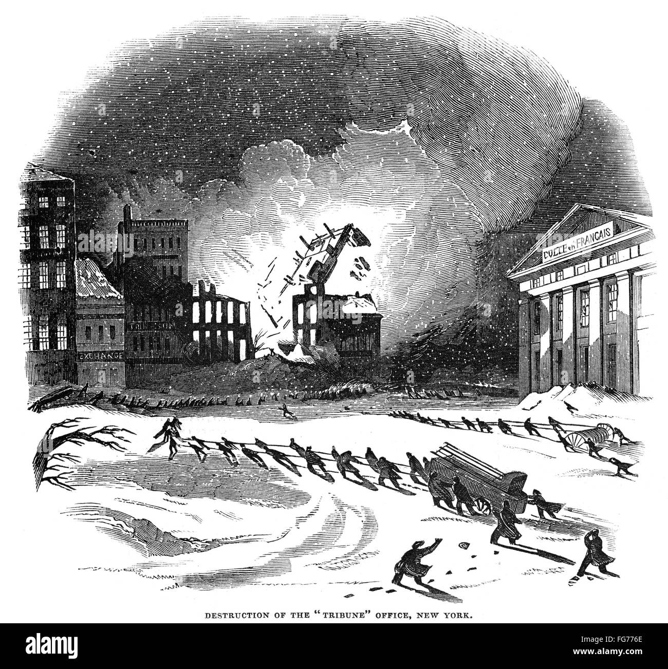 NEW YORK FIRE, 1845. /nFirefighters dragging equipment through a