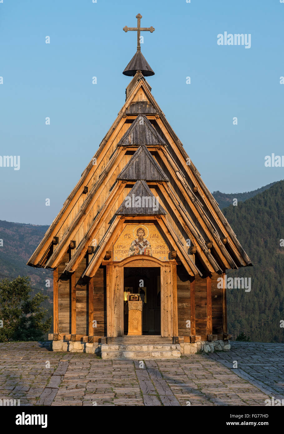 Wooden church of Saint Sava in Drvengrad village also called Kustendorf built by Emir Kusturica in Zlatibor District, Serbia Stock Photo