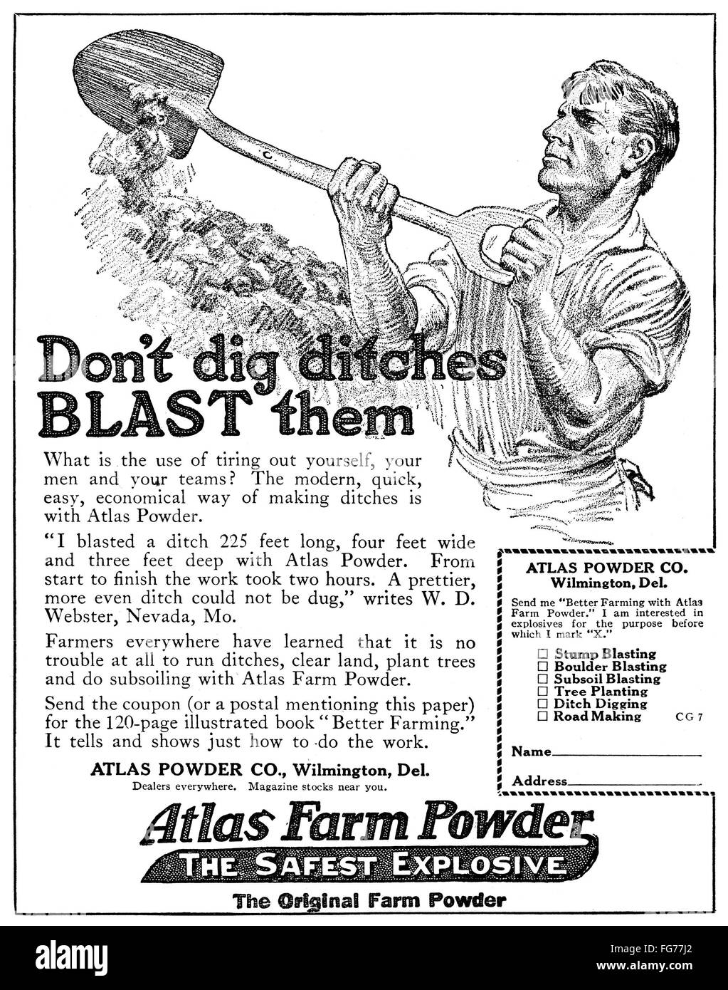 AD: ATLAS FARM POWDER. /nAmerican advertisement for an explosive powder ...