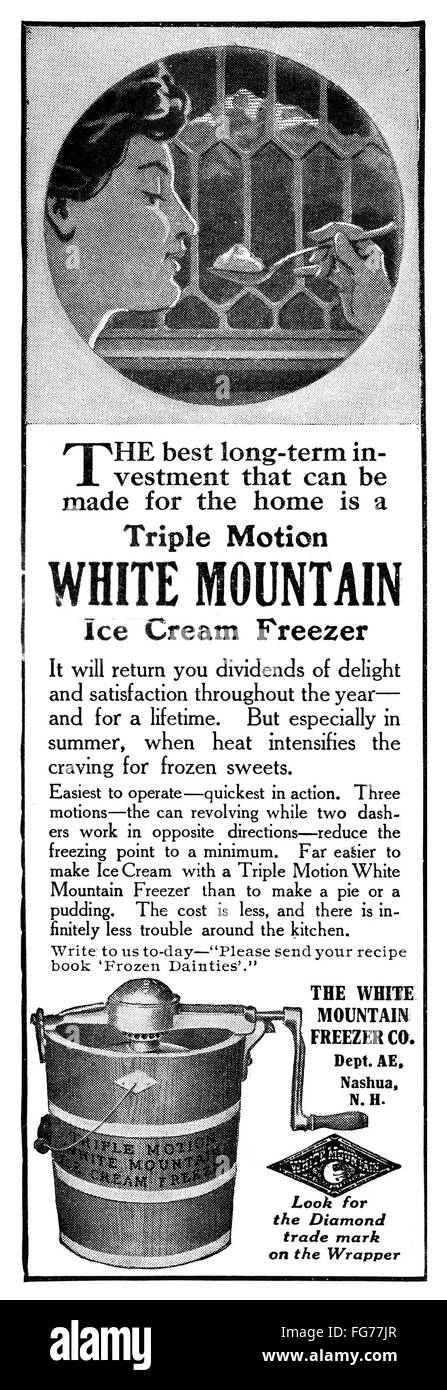 AD WHITE MOUNTAIN 1911. nAmerican advertisement for the Triple Motion White Mountain Ice Cream Freezer 1911 Stock Photo Alamy