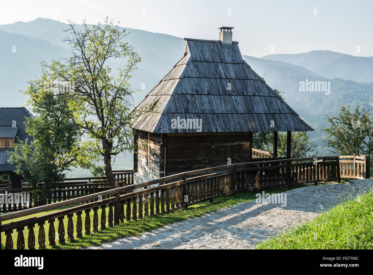 Wooden house in Drvengrad village also called Kustendorf  in Zlatibor District, Serbia Stock Photo
