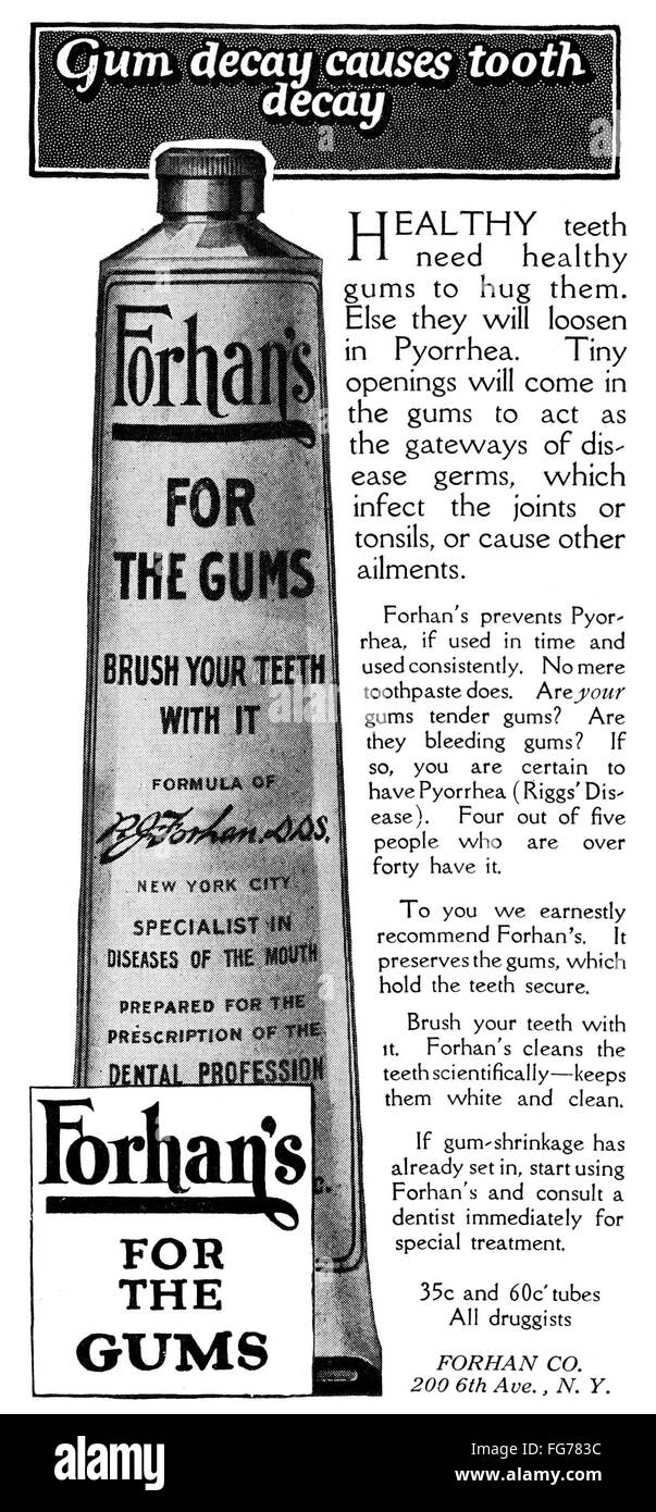 AD TOOTHPASTE, 1919. /nAmerican advertisement for Forhan's for the