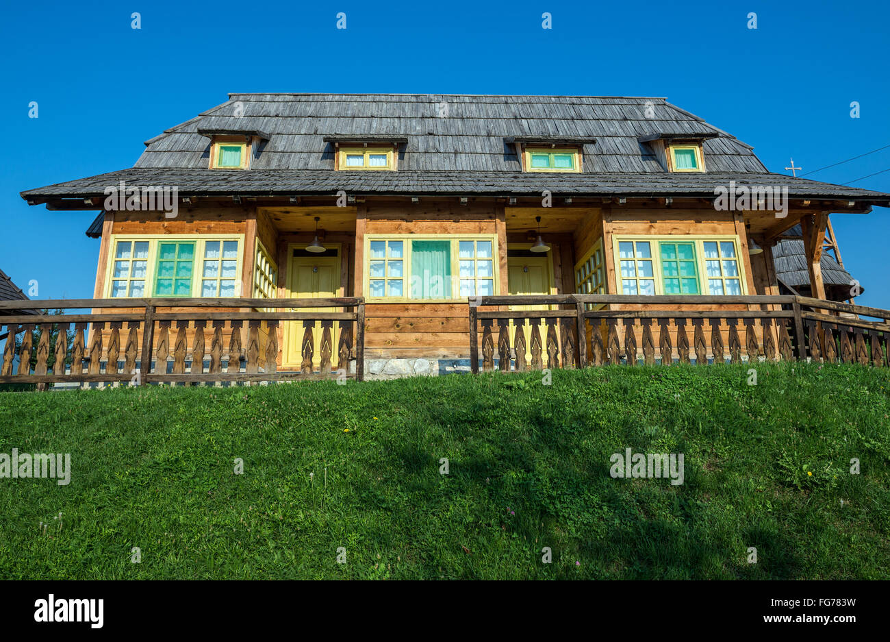 Wooden house in Drvengrad village also called Kustendorf  in Zlatibor District, Serbia Stock Photo