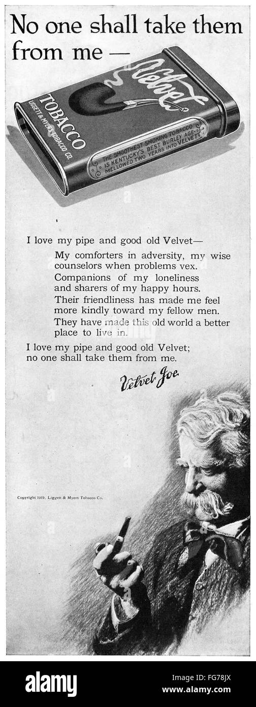 AD: TOBACCO, 1919. /nAmerican advertisement for Velvet Tobacco, 1919. Stock Photo