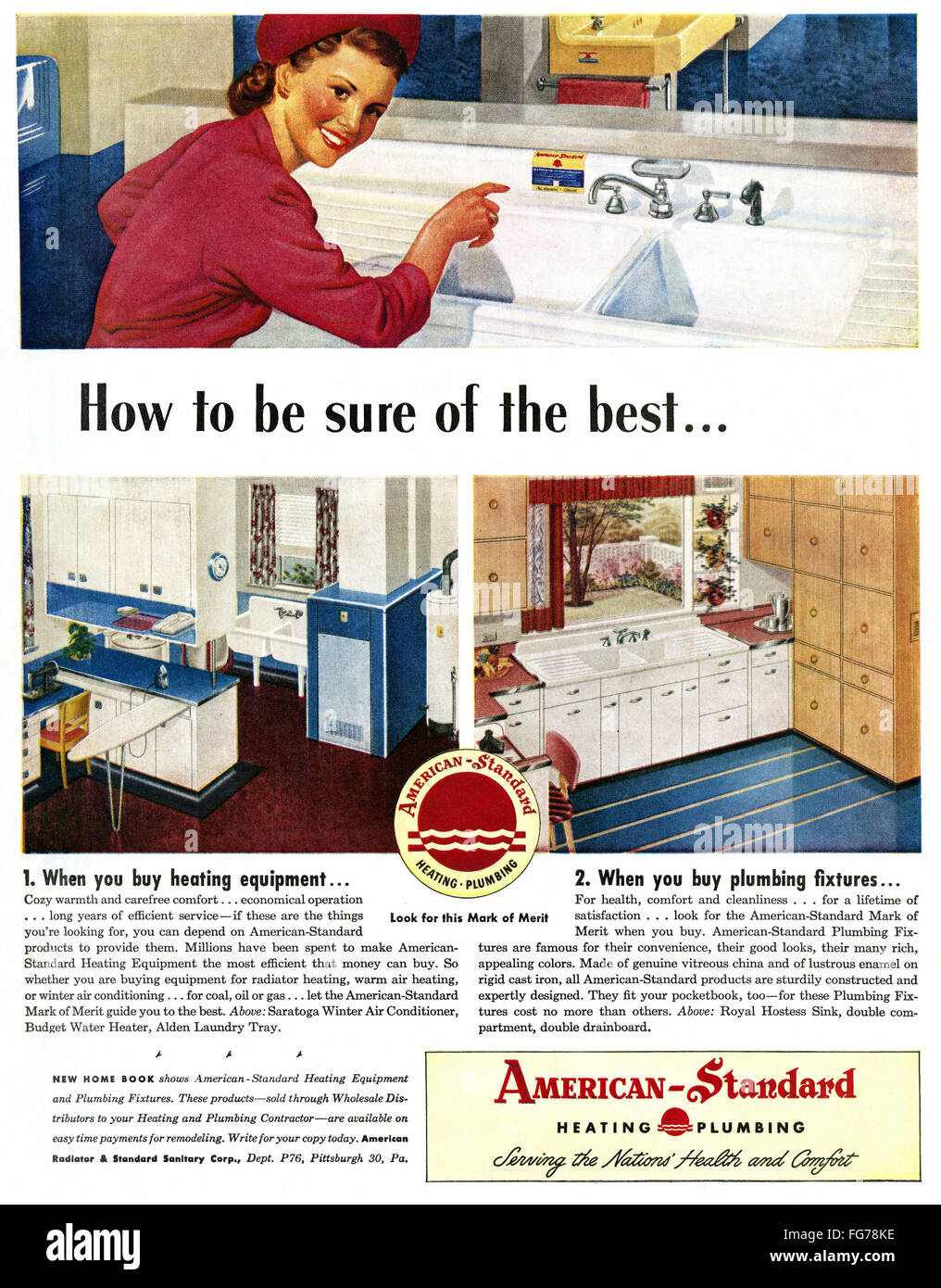 AD: AMERICAN-STANDARD. /nAmerican advertisement for American-Standard Heating and Plumbing, 1947. Stock Photo