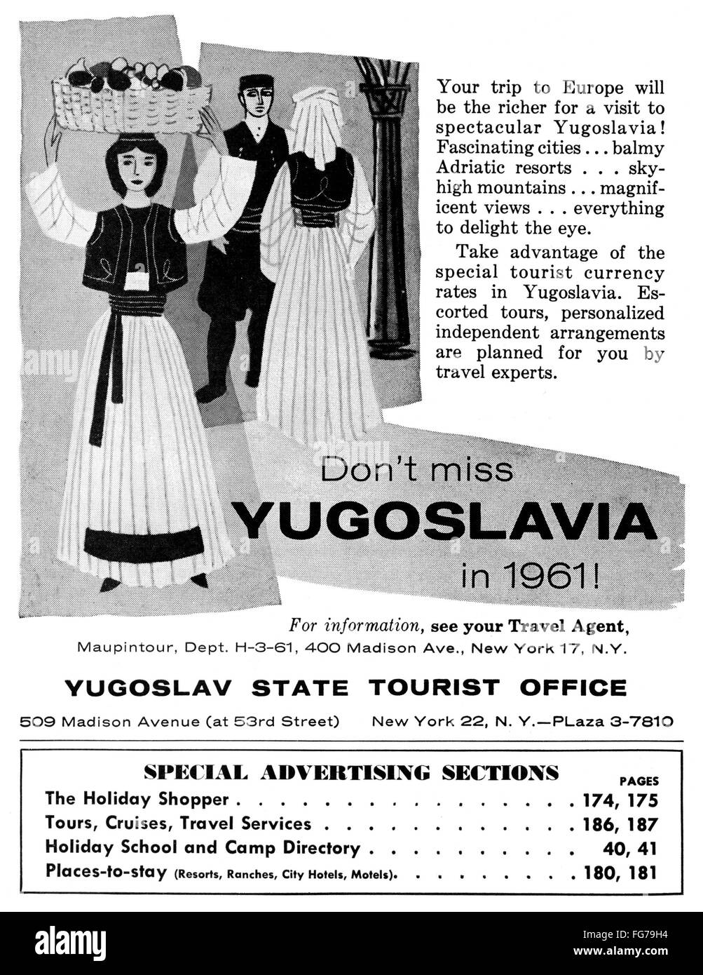 AD: YUGOSLAVIA, 1961. /nAmerican advertisement for tourism in Yugoslavia, sponsored by the Yugoslav State Tourist Office, 1961. Stock Photo