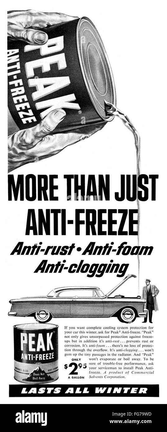 AD ANTI FREEZE, 1954. /nAmerican advertisement for Peak Anti Freeze