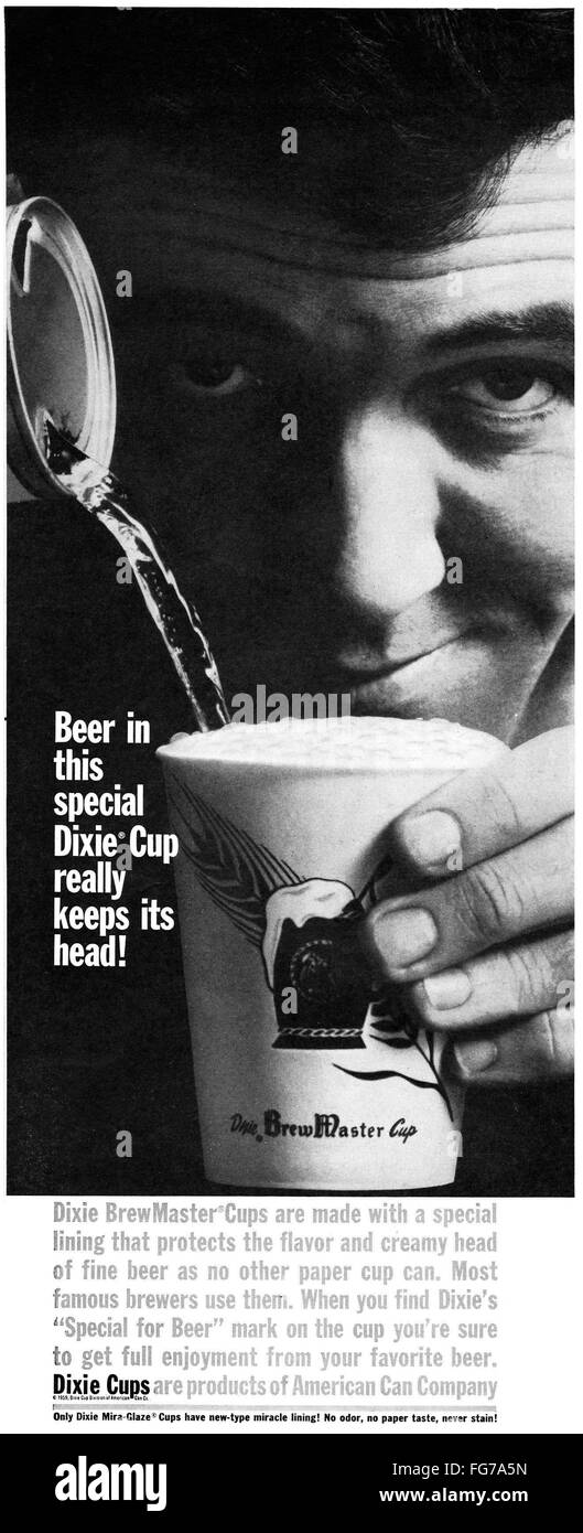 AD DIXIE CUPS, 1959. /nAmerican advertisement for Dixie BrewMaster