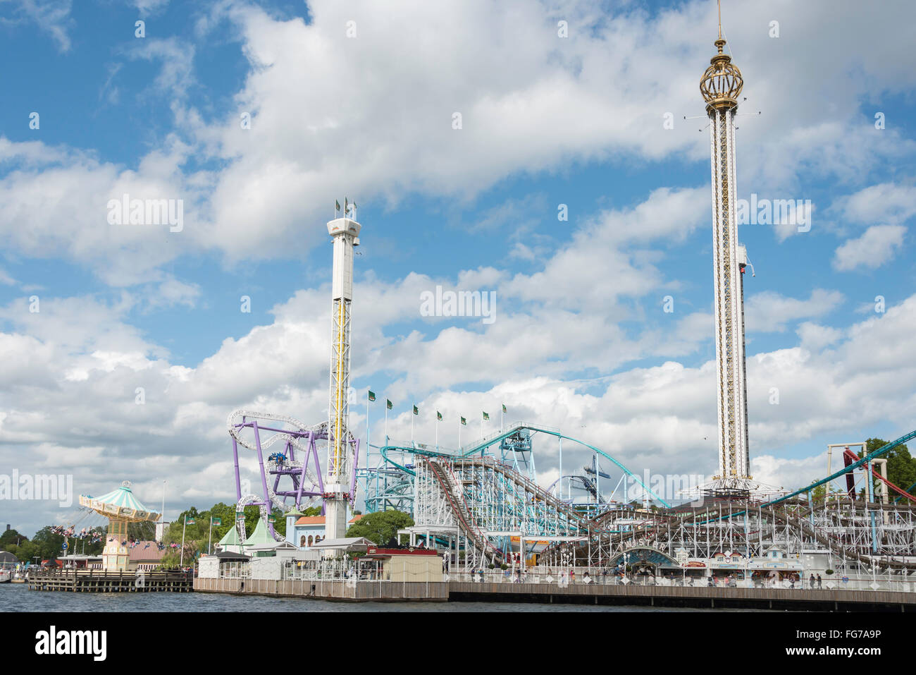 Rides at Tivoli Gröna Lund Theme Park, Lilla Allmänna Gränd, Djurgården, Stockholm, Kingdom of Sweden Stock Photo