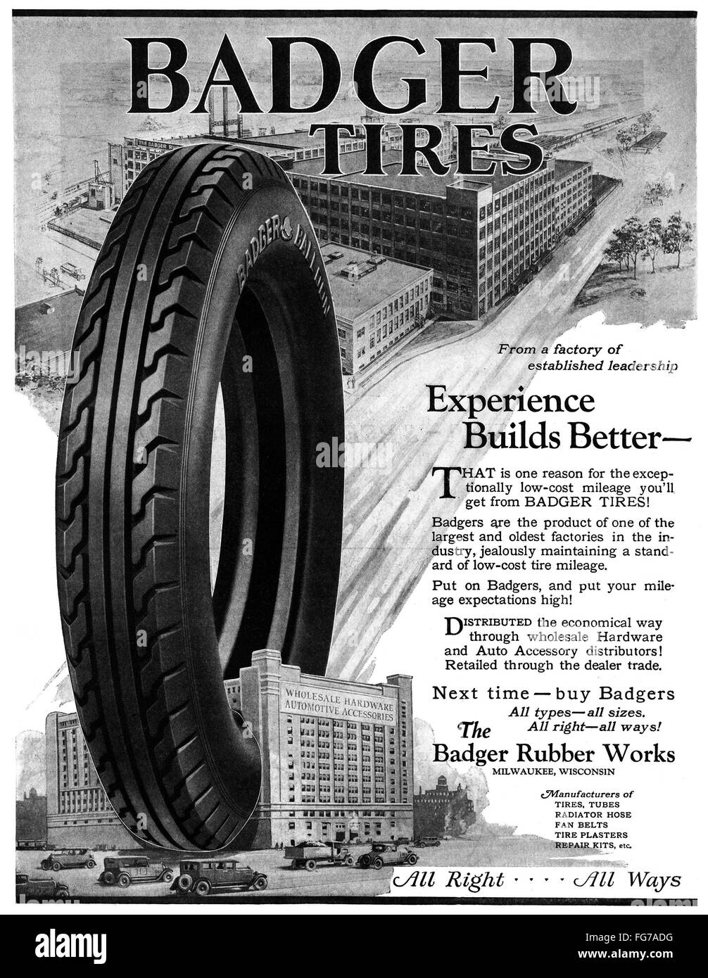 AD BADGER TIRES, 1927. /nAmerican advertisement for Badger Tires, 1927