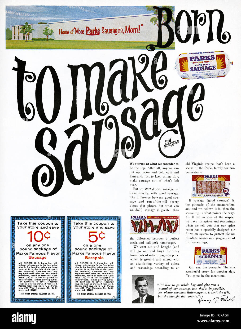 AD PARKS SAUSAGE, 1967. /nAmerican advertisement for Parks Sausage and