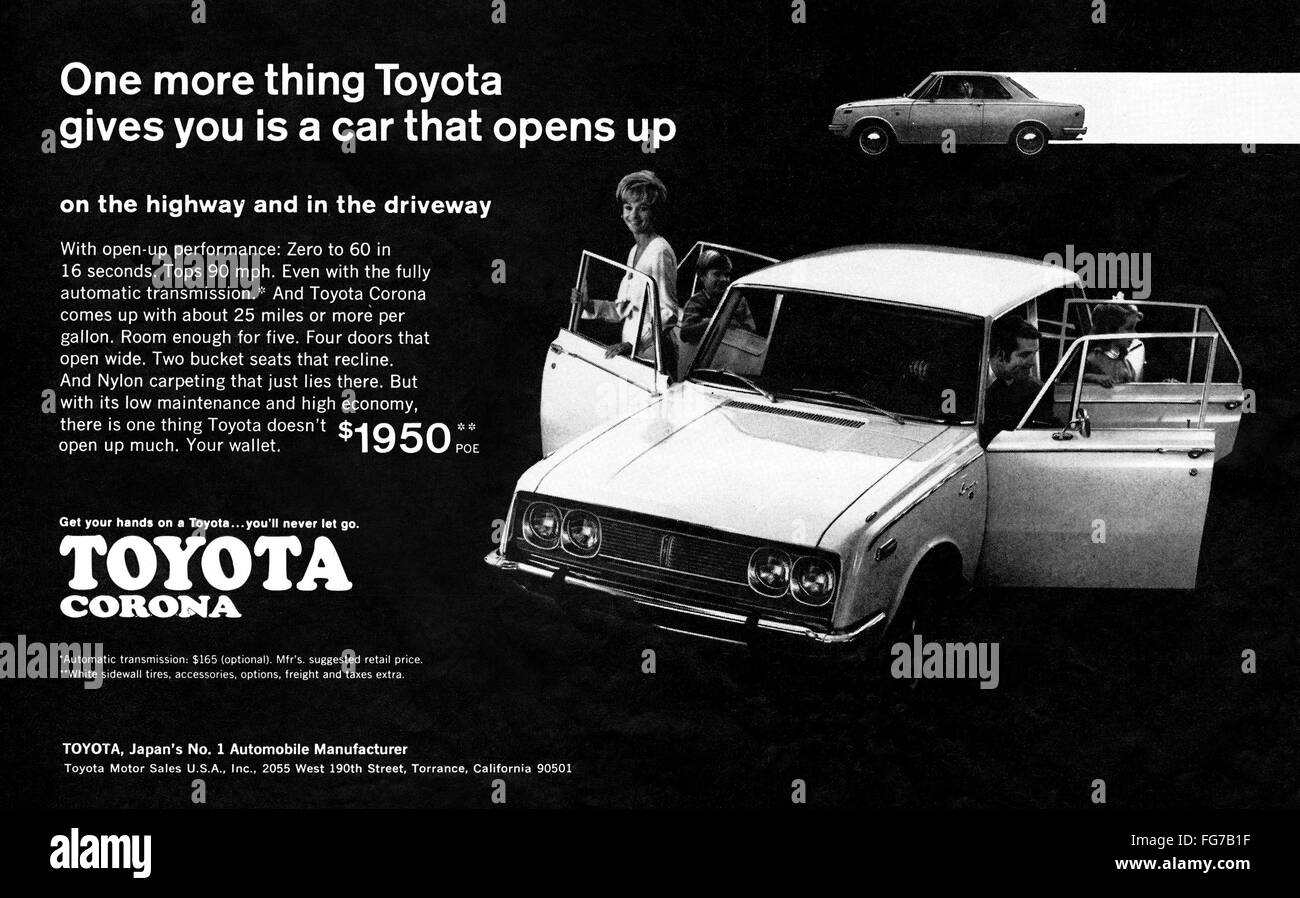 AD: TOYOTA, 1969. /nAmerican advertisement for the Toyota Corona. Photograph, 1969. Stock Photo