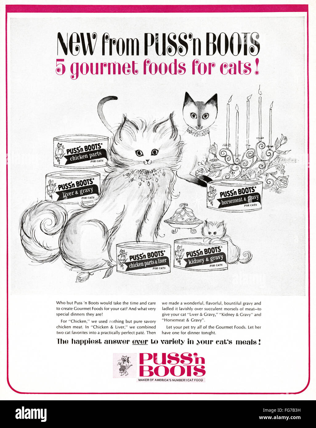 AD CAT FOOD, 1964. /nAmerican advertisement for Puss 'n Boots cat food